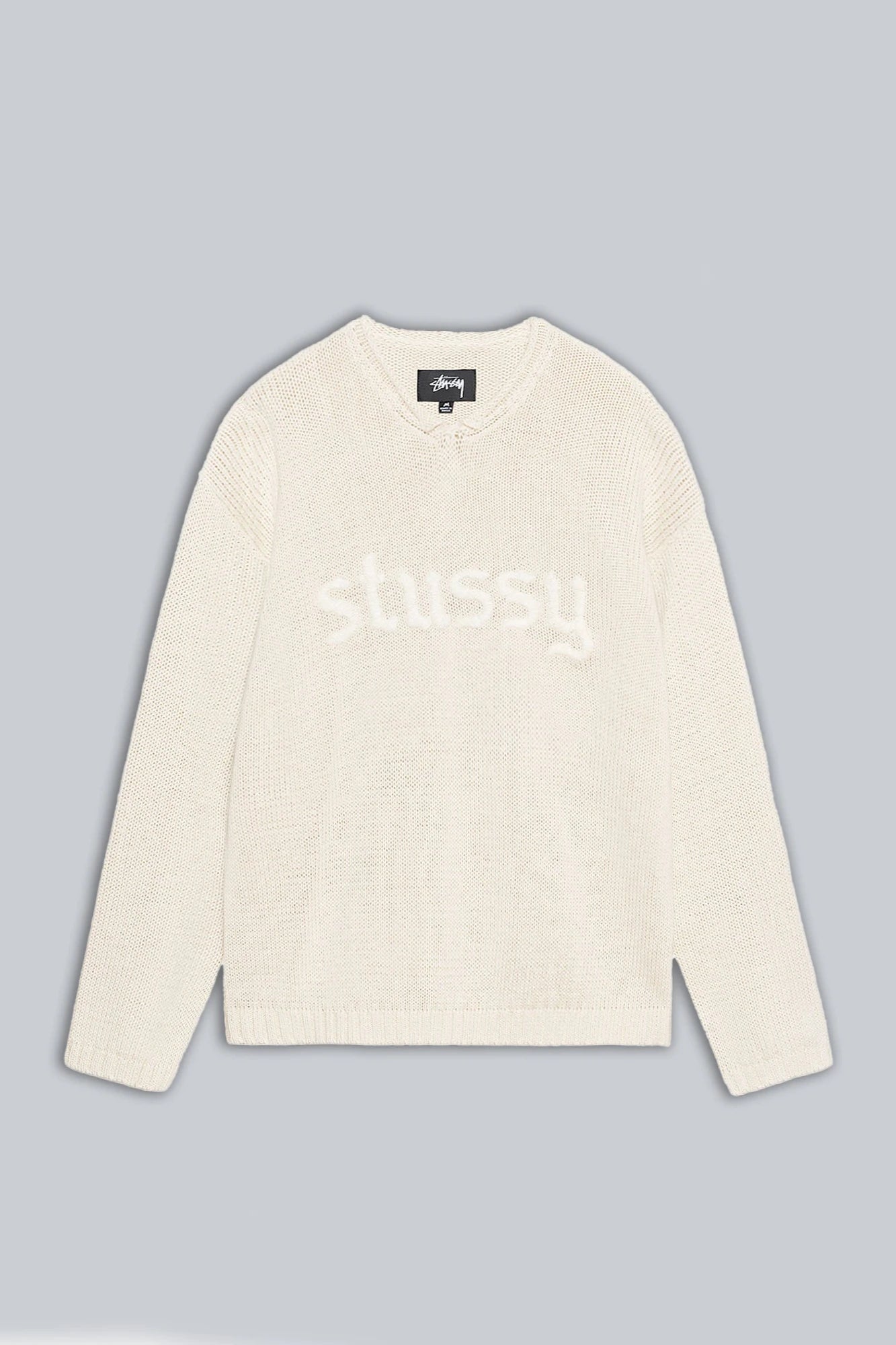 STUSSY ROLL V-NECK LOGO SWEATER NATURAL