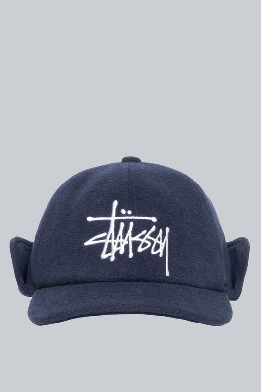 STUSSY EAR FLAP WOOL CROWN CAP NAVY