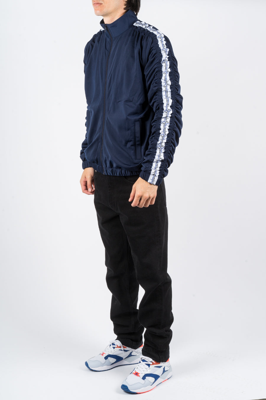 MARTINE ROSE STRIPE RUCHED TRACK JACKET NAVY