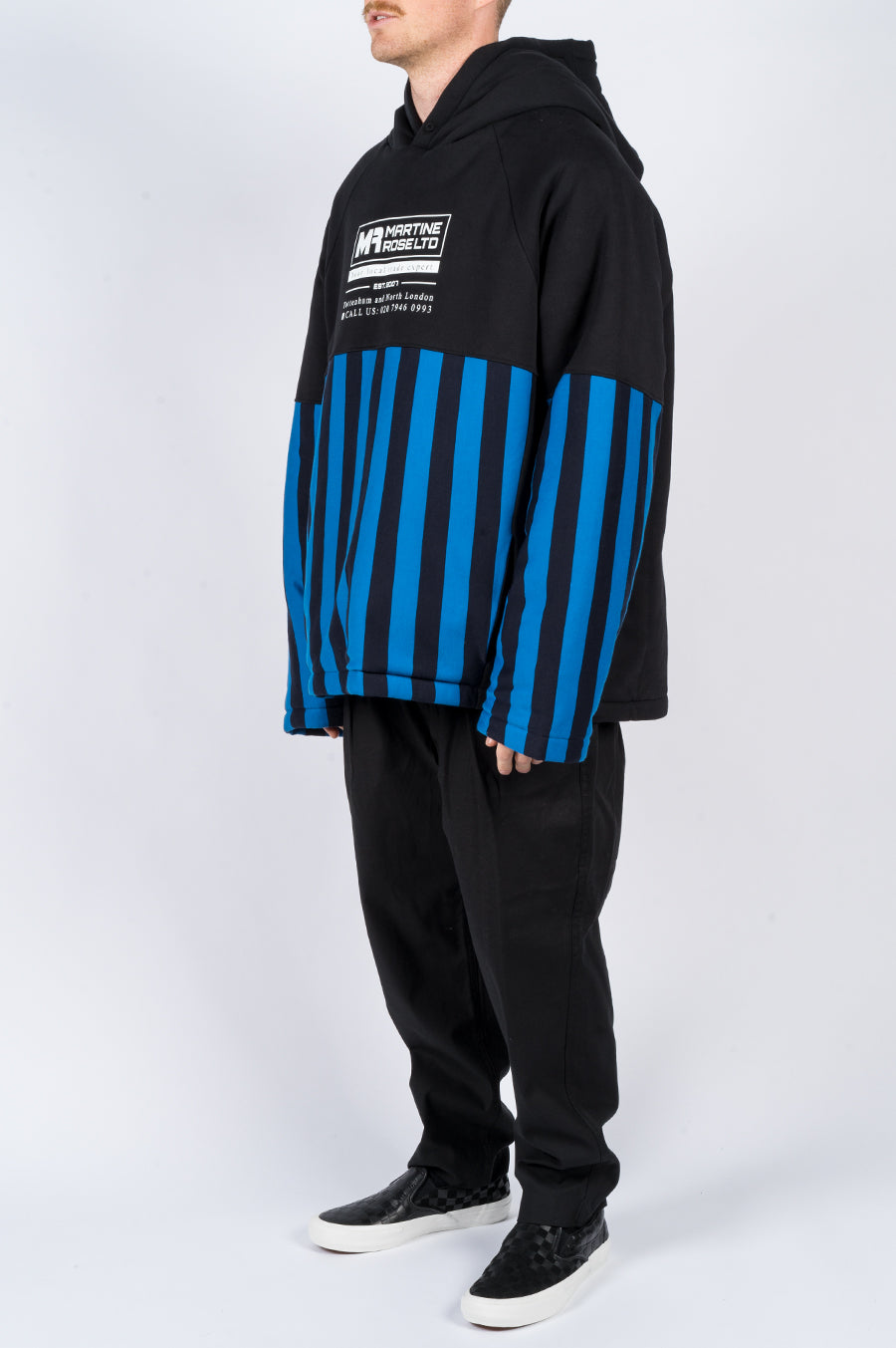 MARTINE ROSE SPLIT WADDED HOODY BLACK BLUE STRIPES