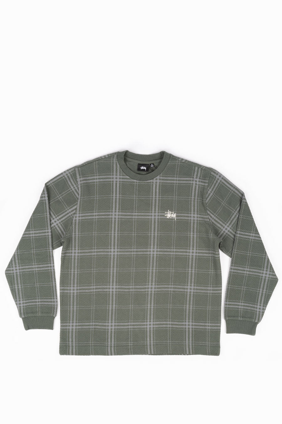 STUSSY DISCHARGED PLAID WAFFLE CREW OLIVE