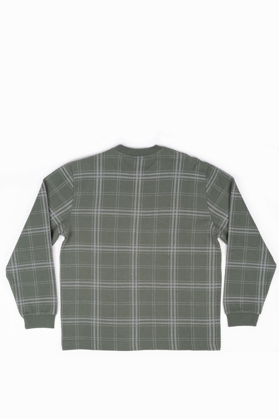 STUSSY DISCHARGED PLAID WAFFLE CREW OLIVE